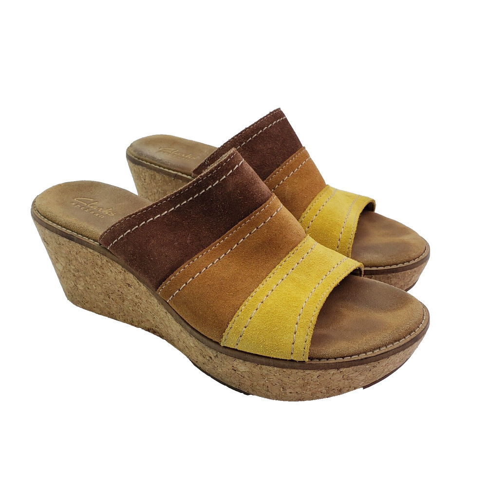 Clarks Aisley Lily Womens Size 8 Brown Suede Slip On Cork Wedge Sandals